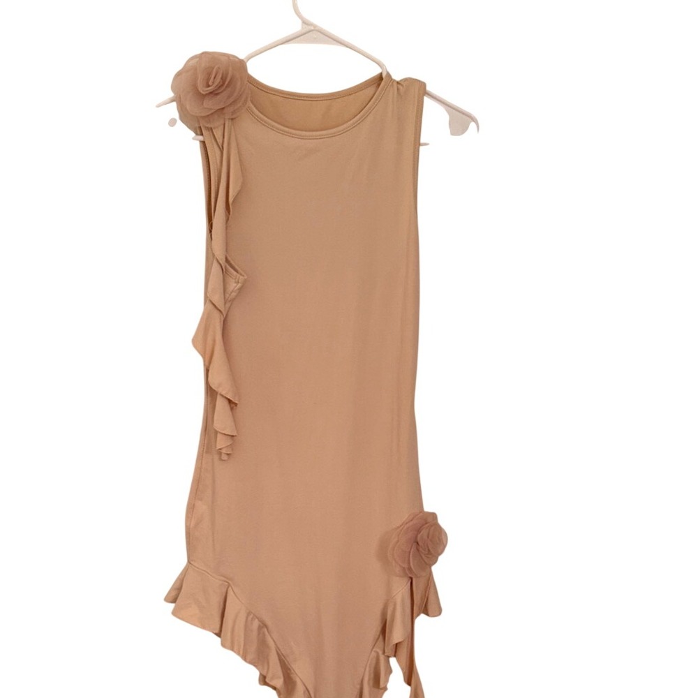 Tan Ruffle Asymmetrical Hem Sleeveless Dress with 3D‎ Floral Rosettes